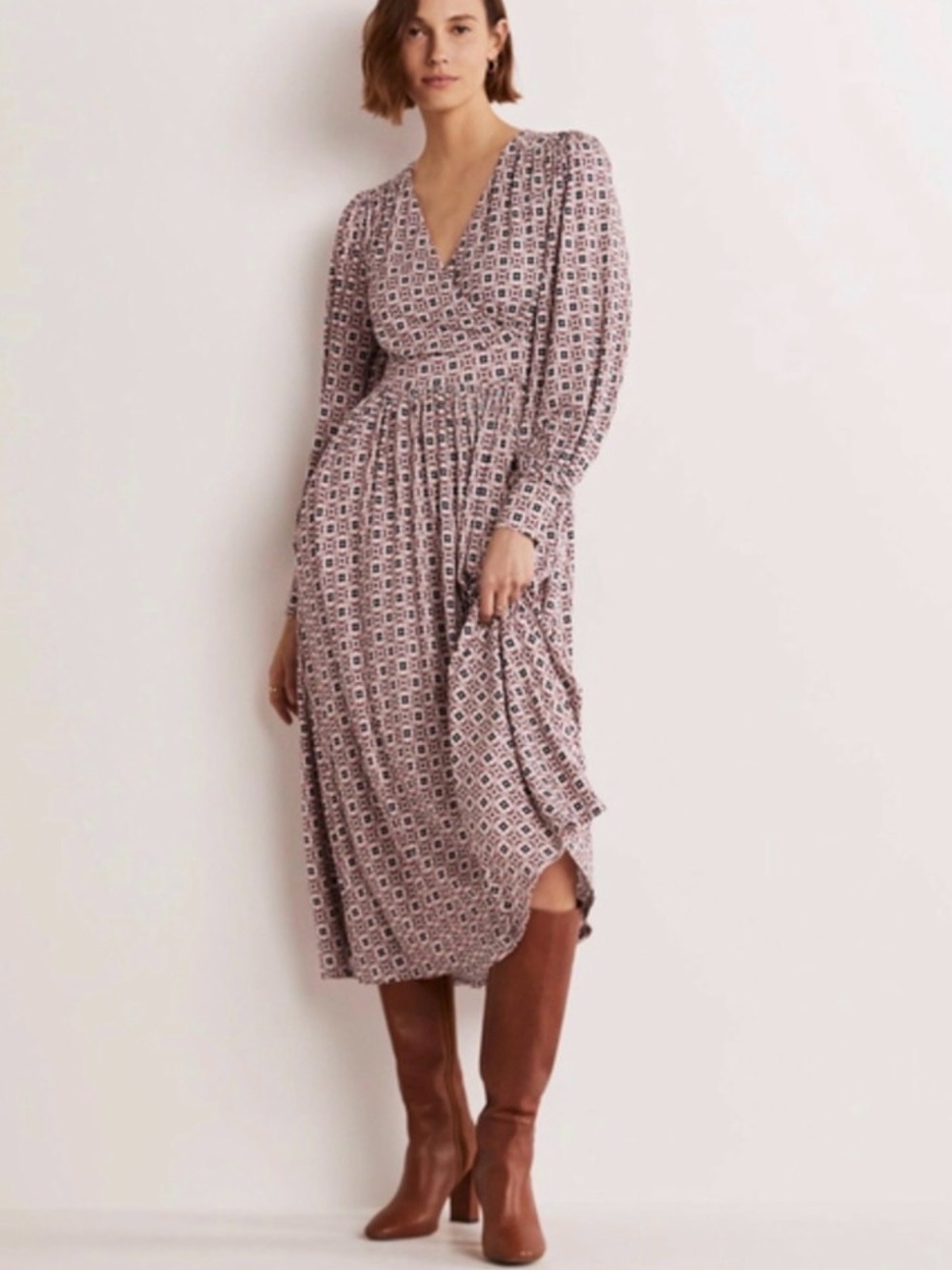 BODEN Pink Print Fixed Wrap Jersey Midi Dress Size 8